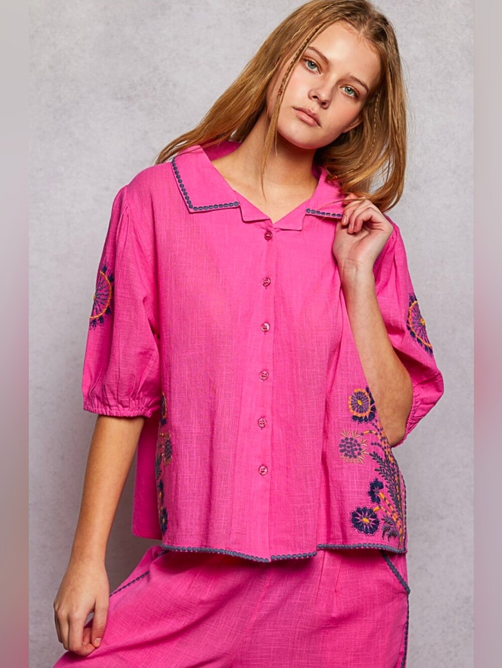NEW!! 2 PC POL 100% Cotton Pink Wide-Leg Embroidered Pant Set, NWT - Picture 4 of 13